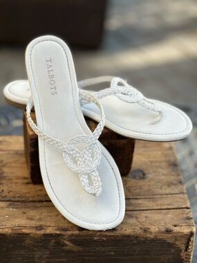 Talbots White Braided Medallion Faux Leather Thong Sandals